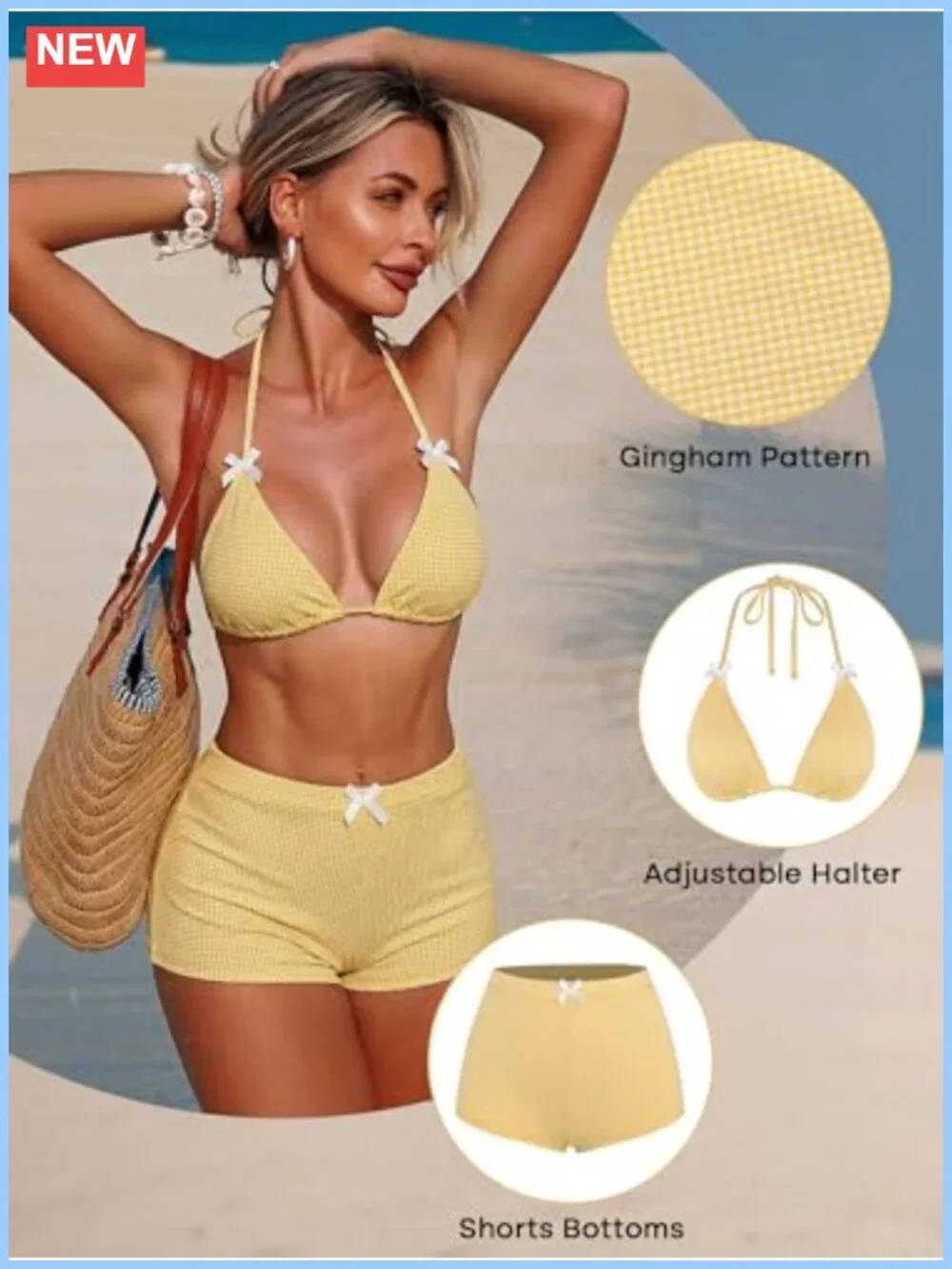Women's Gingham Bikini Set with Shorts Adjustable Halter Triangle Swimsuit